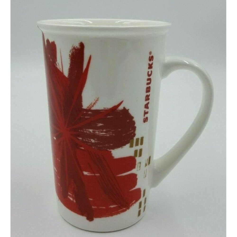 Starbucks Coffee Mug Cup 12 Oz 2014 Christmas White Red Gold Splash Tall